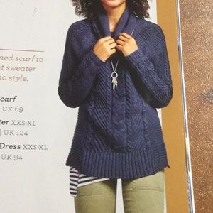 Cabi Cable Cowl sweater, navy, size Medium.